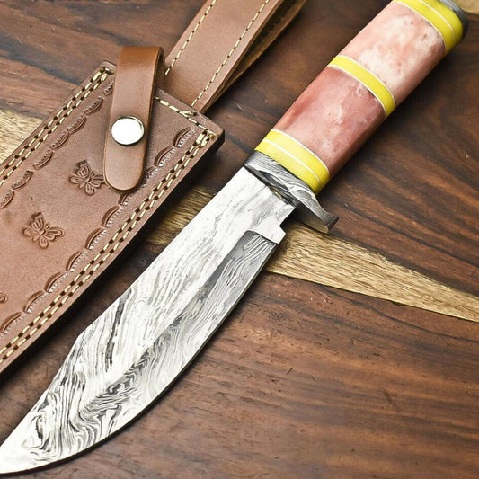 Handmade Damascus Steel Hunting Bowie Knife with Camel Bone Handle