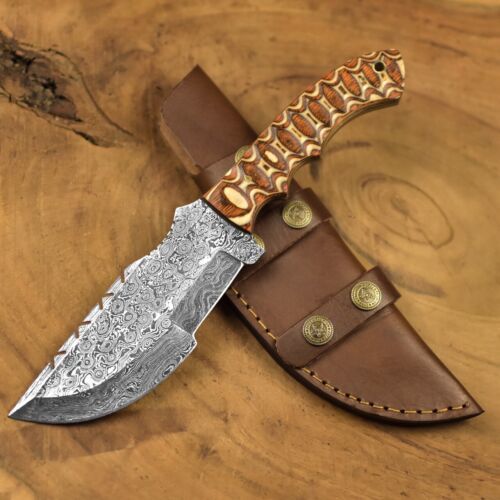 Handmade Damascus Steel Hunting Camping Tracker Knife | Camel Bone & Brass Bolster