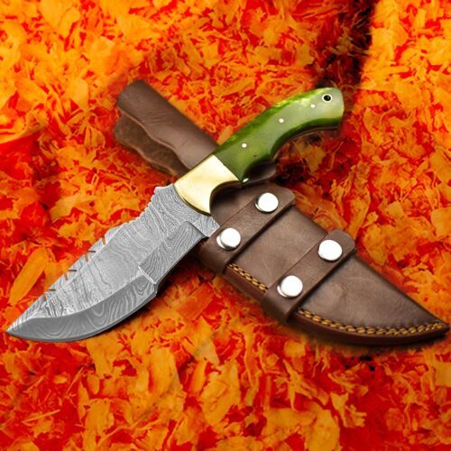 Handmade Damascus Steel Hunting & Camping Tracker Knife | Camel Bone & Brass Handle