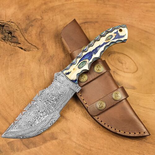 Handmade Damascus Steel Hunting & Camping Tracker Knife | Paka Wood, Camel Bone & Brass Handle