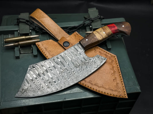Handmade Damascus Steel Hunting Chef Cleaver Knife with Wood Handle & Leather Sheath