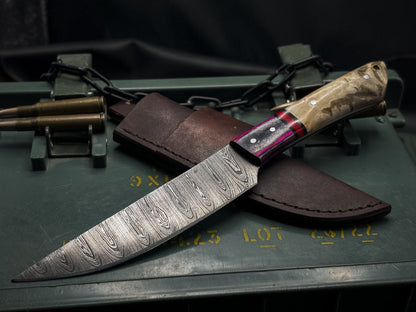 Handmade Damascus Steel Hunting Chef Kitchen Knife – EDC Horn Handle with Leather Sheath