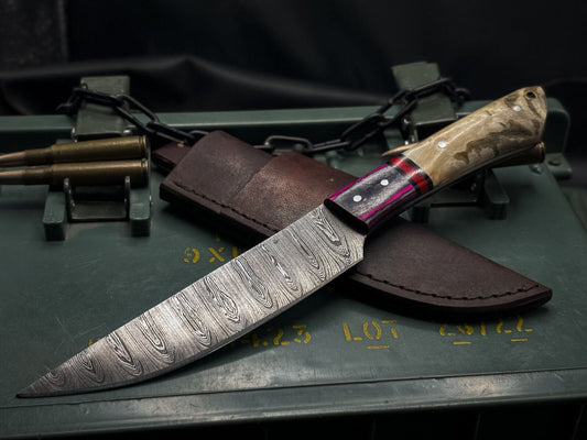 Handmade Damascus Steel Hunting Chef Kitchen Knife – EDC Horn Handle with Leather Sheath