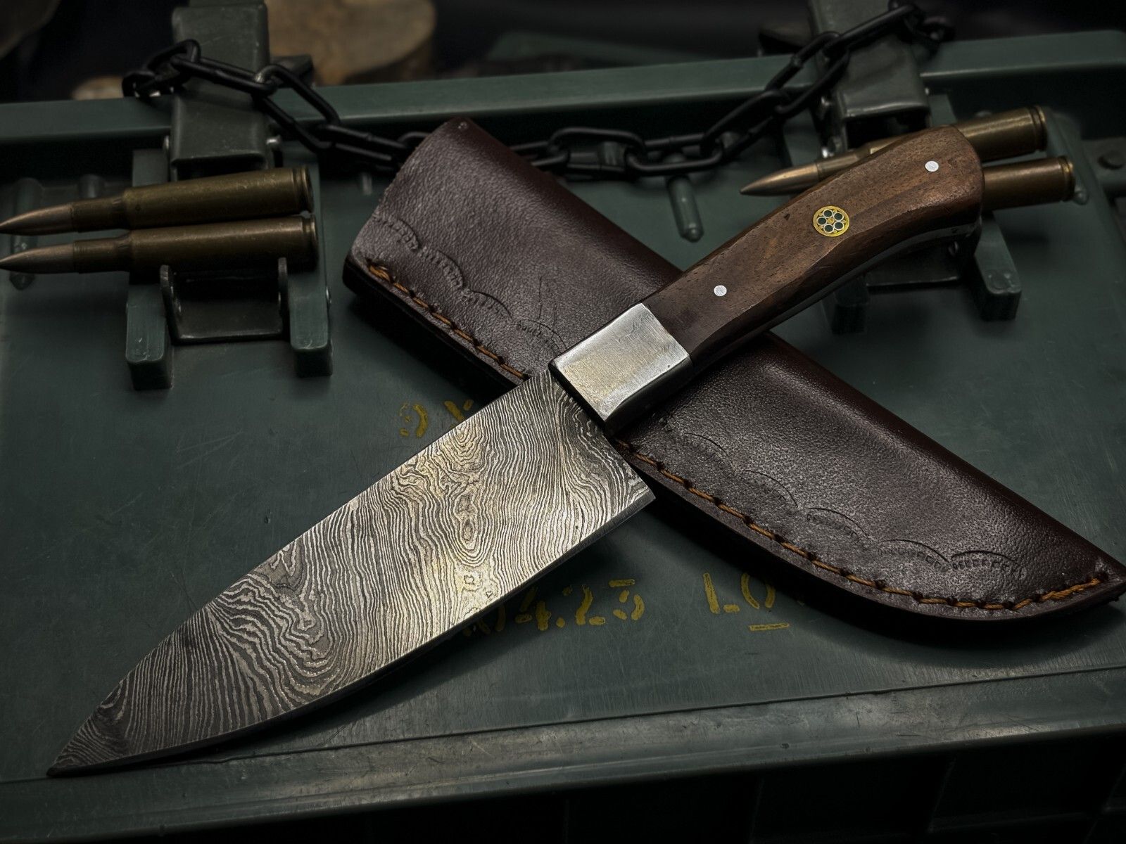 Handmade Damascus Steel Hunting Chef Kitchen Knife EDC with Wood Handle & Leather Cover