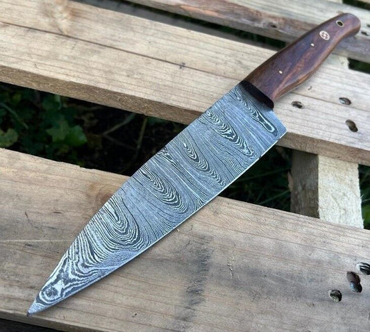 Handmade Damascus Steel Hunting & Chef Kitchen Knife – Full Tang Hardwood Handle, 12" Blade