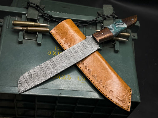 Handmade Damascus Steel Hunting & Chef Kitchen Knife – Full Tang Wood Handle with Leather Sheath

