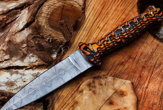 Handmade Damascus Steel Hunting Dagger – Double Edged Boot Knife with Wooden Handle and Sheath