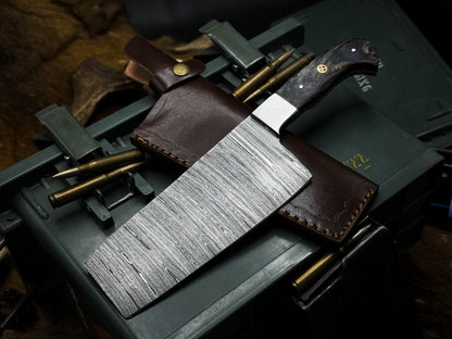 Handmade Damascus Steel Hunting & Kitchen Cleaver – Wood Handle with Premium Cow Leather Sheath