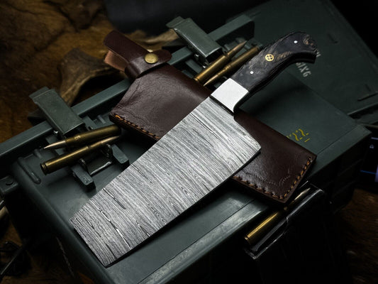 Handmade Damascus Steel Hunting & Kitchen Cleaver – Wood Handle with Premium Cow Leather Sheath