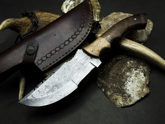 Handmade Damascus Steel Hunting Survival Tracker Knife with Wood Handle and Leather