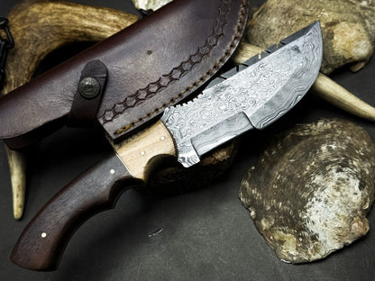 Handmade Damascus Steel Hunting Survival Tracker Knife with Wood Handle and Leather Sheath