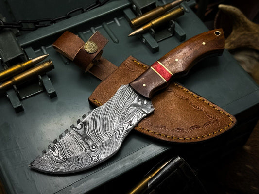 Handmade Damascus Steel Hunting Tracker EDC Knife – Wood Handle with Leather Sheath