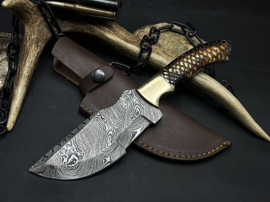 Handmade Damascus Steel Hunting Tracker EDC Knife with Bone Handle and Cow Leather Cover