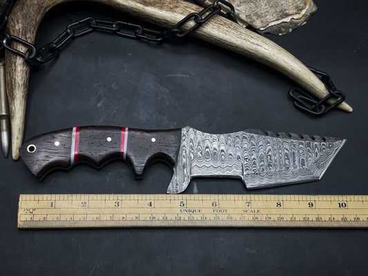 Handmade Damascus Steel Hunting Tracker EDC Knife with Wood Handle and Leather Sheath