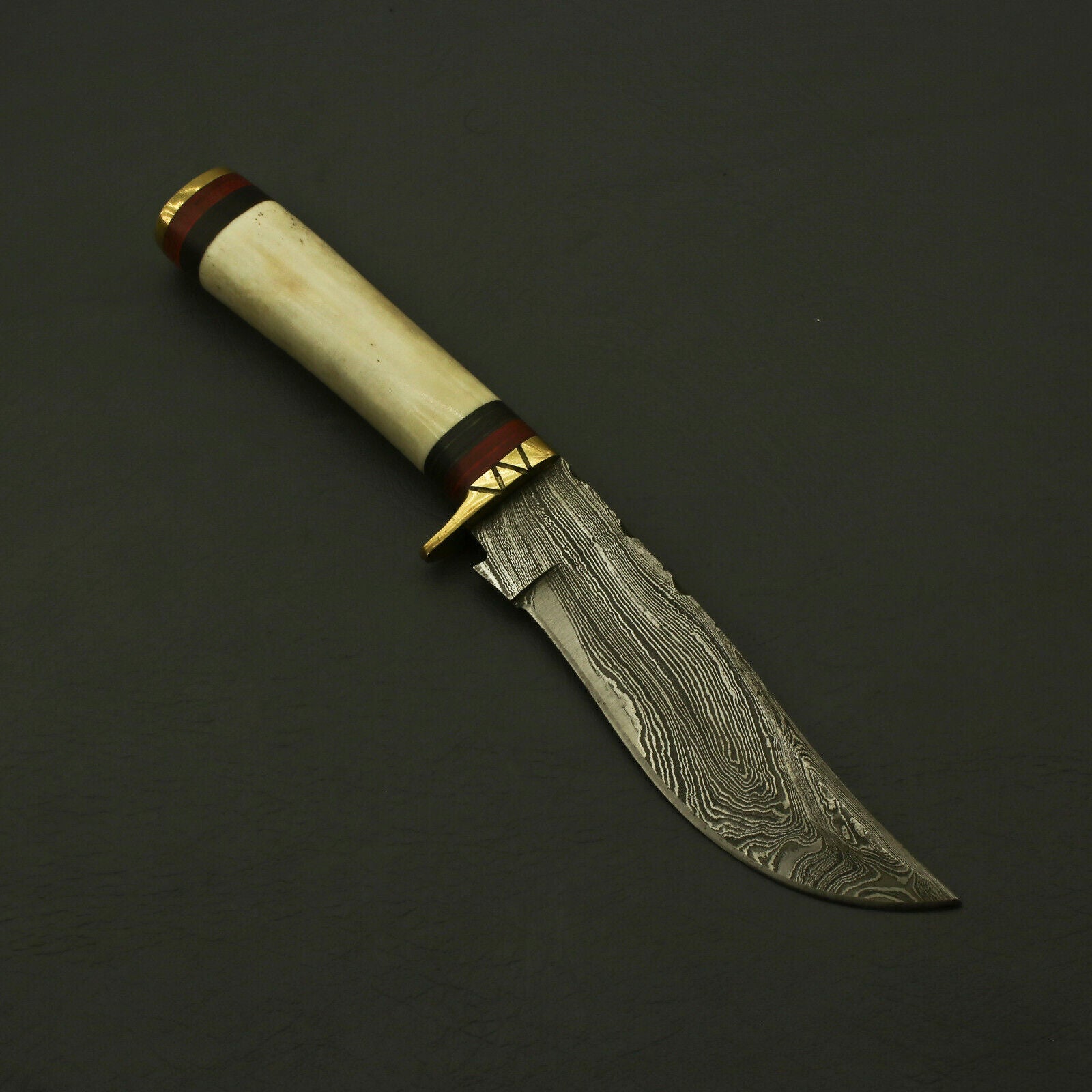Handmade Damascus Steel Hunting Tracker Knife – 10" Fixed Blade with Stag Antler & Pakka Wood Handle + Leather Sheath