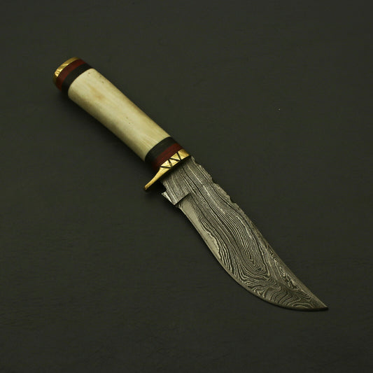 Handmade Damascus Steel Hunting Tracker Knife – 10" Fixed Blade with Stag Antler & Pakka Wood Handle + Leather Sheath