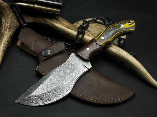 Handmade Damascus Steel Hunting Tracker Knife – EDC with Bone Handle and Cow Leather Cover