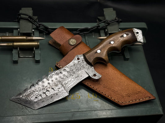 Handmade Damascus Steel Hunting Tracker Knife with Wood Handle and Cow Leather Sheath