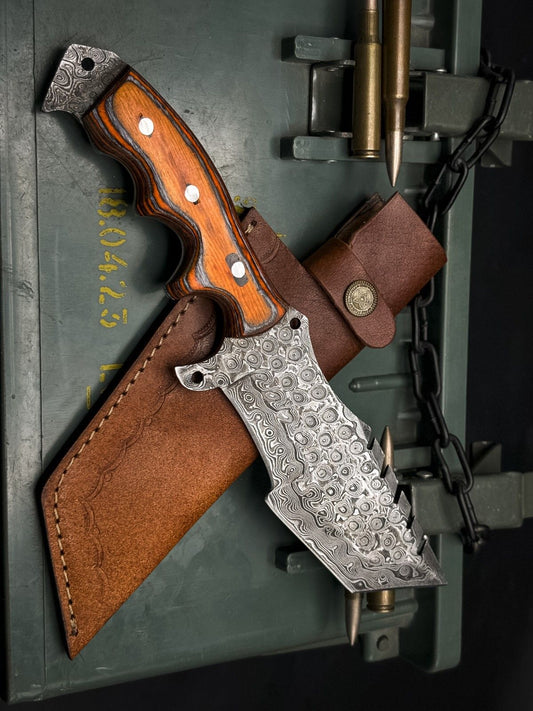 Handmade Damascus Steel Hunting Tracker Knife with Wood and Cow Leather Sheath
