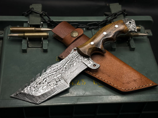 Handmade Damascus Steel Hunting Tracker Knive with Wood Handle and Cow Leather Sheath