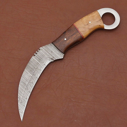 Handmade Damascus Steel Karambit Knife with Wood Handle  9” Best Karambit