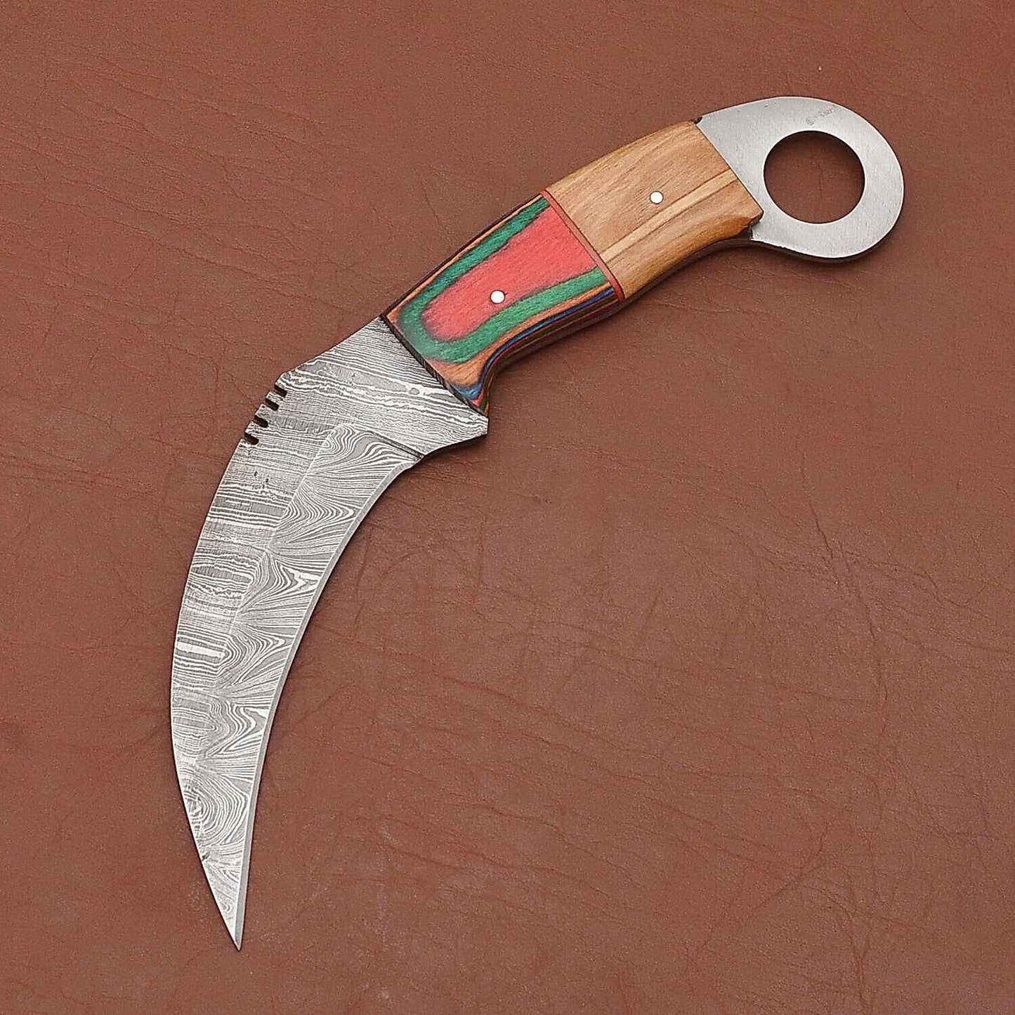 Handmade Damascus Steel  Karambit Knife with Wood Handle and Leather Sheath 