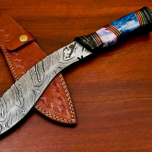 Handmade Damascus Steel Khukri Bowie Knife | Bone & Wood Handle