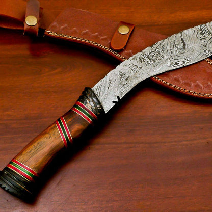 Handmade Damascus Steel Khukri Bowie Knife | Rosewood & Hardwood Handle