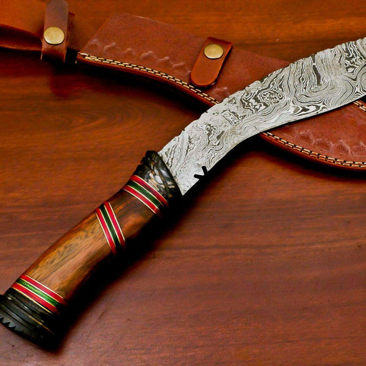 Handmade Damascus Steel Khukri Bowie Knife | Rosewood & Hardwood Handle