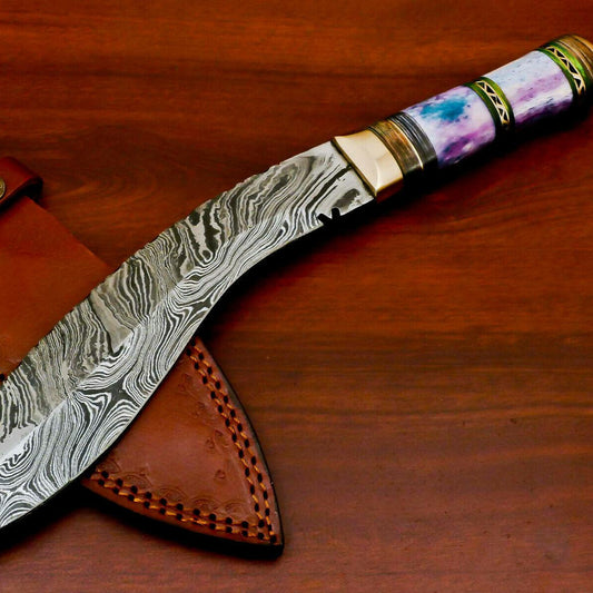 Handmade Damascus Steel Khukri Bowie Knife | Stained Camel Bone & Hardwood Handle