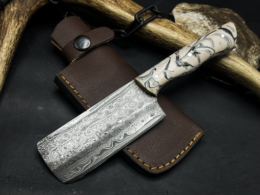 Handmade Damascus Steel Kitchen Chef Cleaver Knife – Resin Handle with Cowhide Sheath