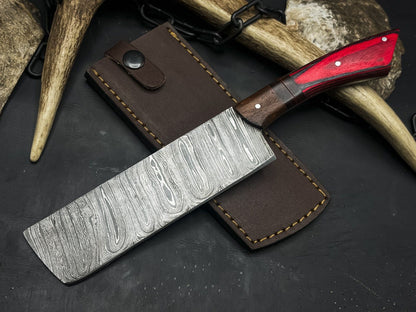 Handmade Damascus Steel Kitchen Chef Cleaver Knife – Wood Handle with Cowhide Sheath