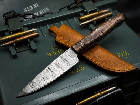 Handmade Damascus Steel Kitchen Chef Cutting Knife – Wood Handle with Leather Sheath 