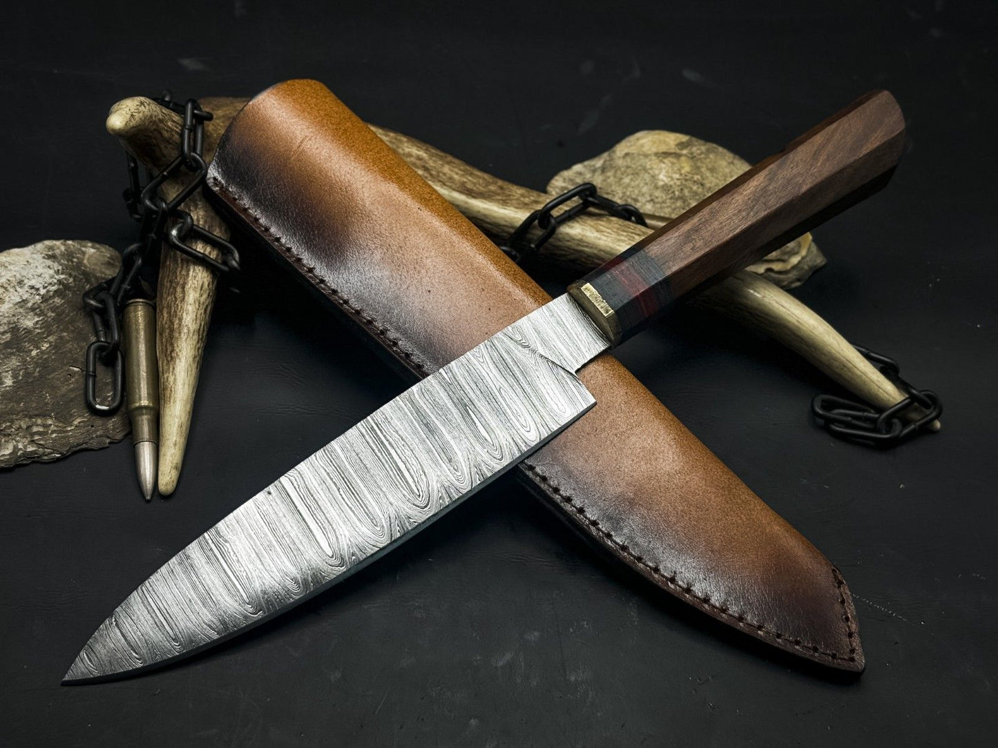 Handmade Damascus Steel Kitchen Chef EDC Knife – Wood Handle & Cow Leather Sheath