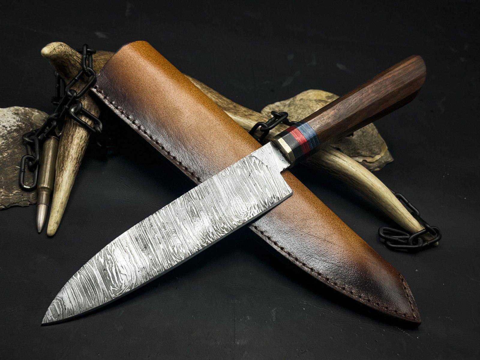 Handmade Damascus Steel Kitchen Chef EDC Knife – Wood Handle with Cow Leather Sheath – Made in Pakistan