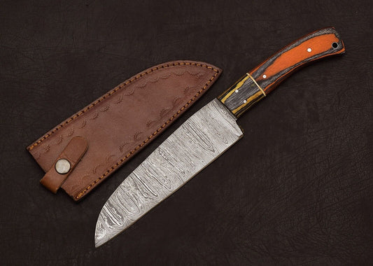 Handmade Damascus Steel Kitchen Chef Fillet Knife with 8" Blade & Pakka Wood Handle + Leather Sheath