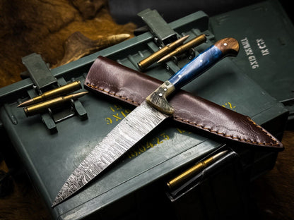 Handmade Damascus Steel Kitchen Chef Knife – Epoxy Resin Handle with Leather Sheath