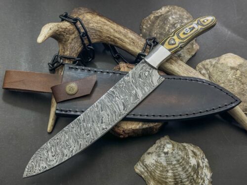 Handmade Damascus Steel Kitchen Chef Knife with Wood Handle & Cow Leather Sheath – Full Tang