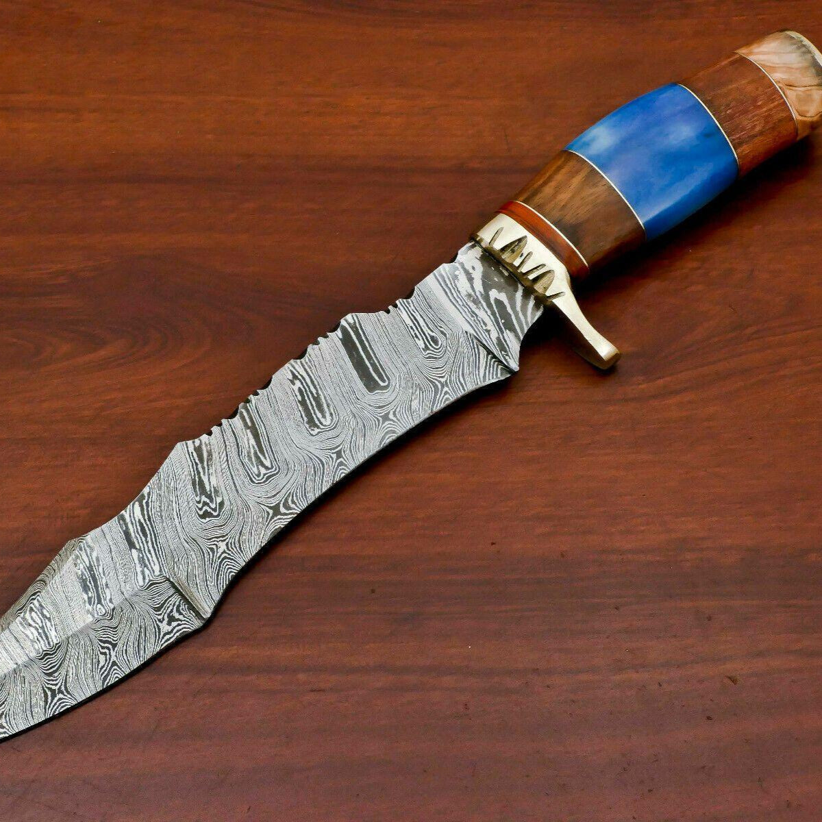 Handmade Damascus Steel Large Bowie Hunting Knife | Bone & Rosewood Handle