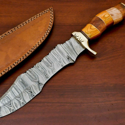 Handmade Damascus Steel Large Bowie Hunting Knife | Rosewood & Pakka Wood Handle