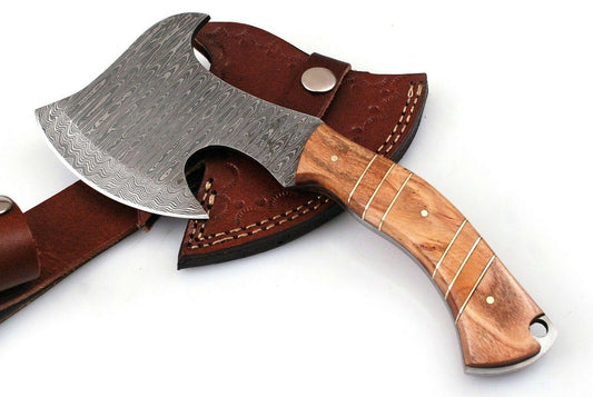 Handmade Damascus Steel Mini Axe – Hunting and Camping Knife with Olive Wood Handle and Leather Sheath