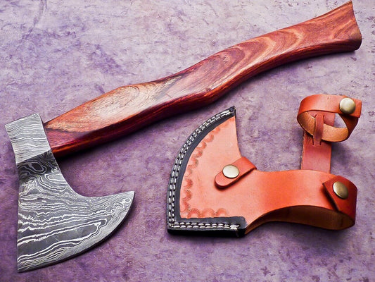 Handmade Damascus Steel Mini Axe with Natural Wood Handle and Leather Sheath