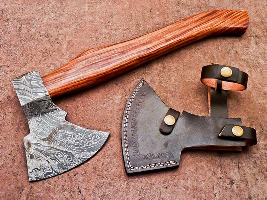 Handmade Damascus Steel Mini Tomahawk Axe with Natural Wood Handle and Leather Sheath