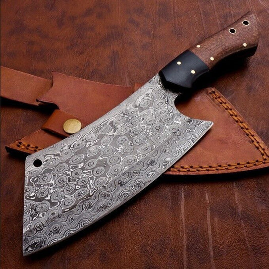 Handmade Damascus Steel Rain Drop Pattern Cleaver Knife With Sheath