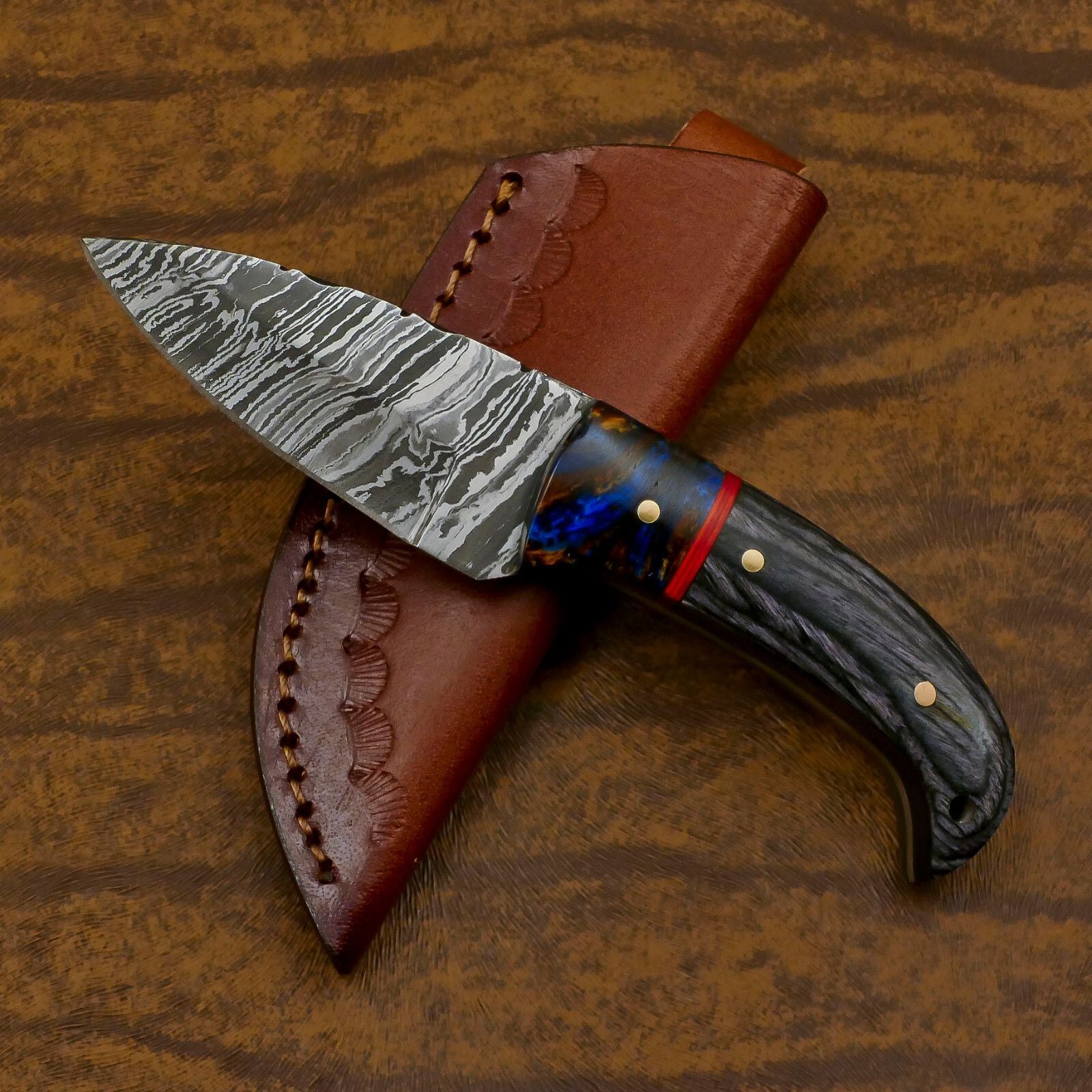 Handmade Damascus Steel Resin Wood EDC Skinner Knife – Custom Compact Hunting Blade