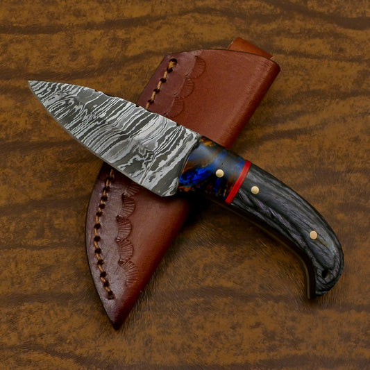 Handmade Damascus Steel Resin Wood EDC Skinner Knife – Custom Compact Hunting Blade