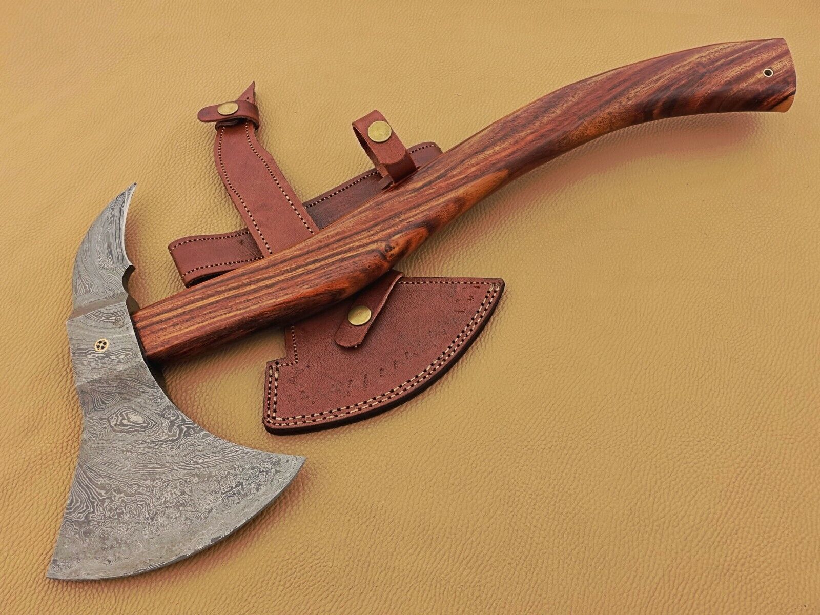 Handmade Damascus Steel Rosewood Viking Battle Axe Functional Full Tang Axe with Leather Sheath