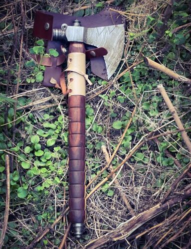 Handmade Damascus Steel Smoking Pipe Axe with Wooden Handle and Leather Sheath – Hunting and Survival Hatchet