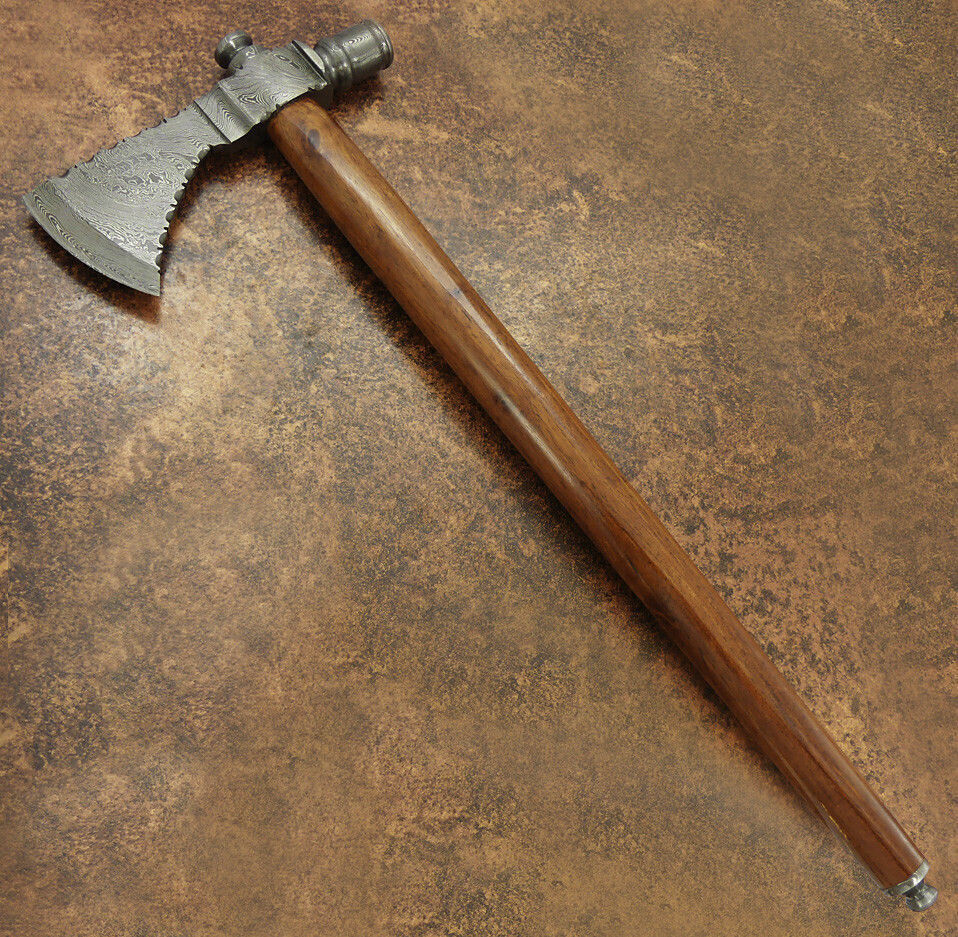 Handmade Damascus Steel Throwing Pipe Viking Axe with Walnut Wood Handle and Leather Sheath