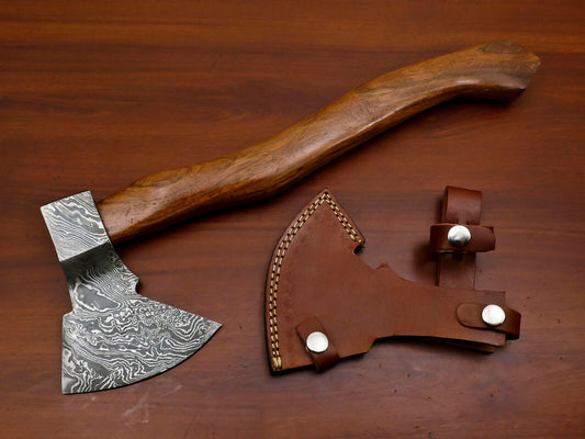 Handmade Damascus Steel Tomahawk Axe Hatchet with Walnut Wood Handle and Leather Sheath